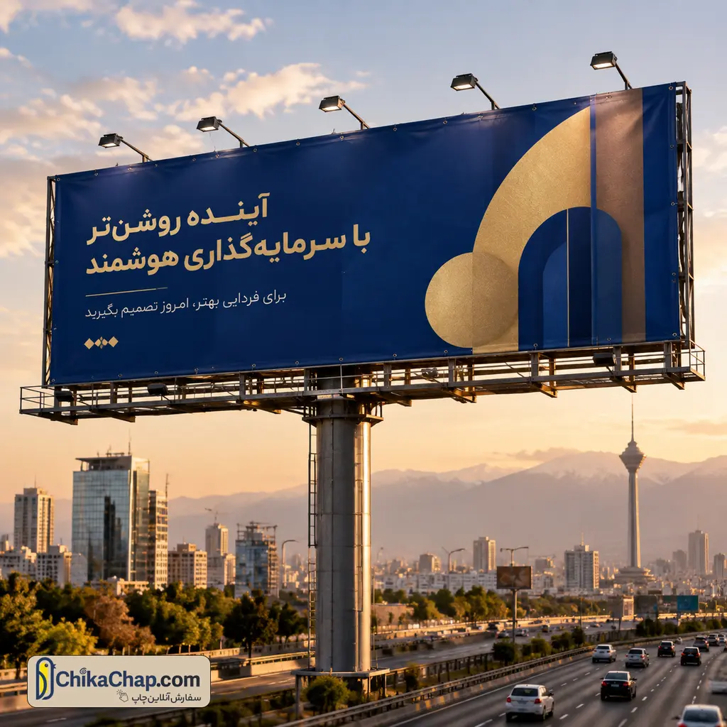 چاپ بنر لارج فرمت باکیفیت و رزولوشن بالا نصب&zwnj;شده روی بیلبورد مدرن بزرگراهی